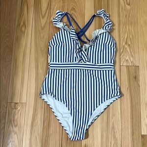 Blue and White Striped one piece ruffled straps women’s Swimsuit size L